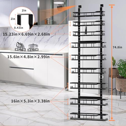 MSERCUOR Over The Door Pantry Organizer Rack, 6-Tier Metal Pantry Organization And Storage with Adjustable Baskets, Hanging Spice Rack for Home & Kitchen Laundry Room Bathroom (6 Tier Black)