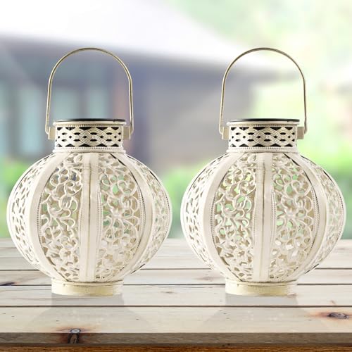 MAGGIFT 2 Pack Hanging Solar Lights Outdoor Solar Lights Retro Hanging Solar Lantern with Handle, 6 Lumens, Beige White