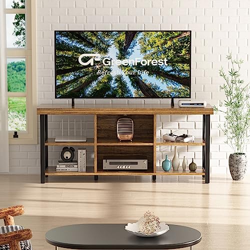 GreenForest TV Stand for TV up to 65 inches, Entertainment Center with 6 Storage Cabinet for Living Room, 55 inch Farmhouse Television Stands Console Table, Industrial TV stands for Living Room, Black