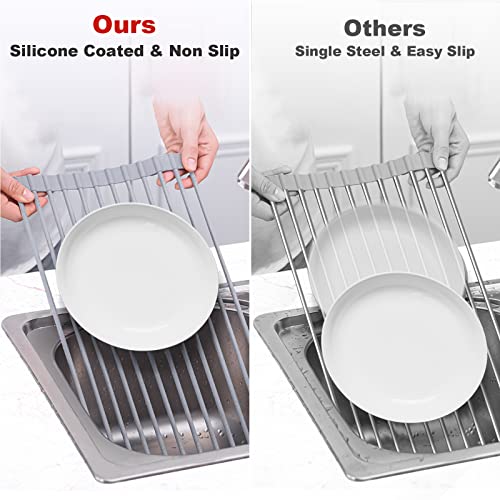 MERRYBOX Roll Up Over The Sink Dish Drying Rack Silicone Wrapped Foldable, Heat-Resistant, Anti-Slip Sink Rack Multipurpose Dish Drainer for Kitchen Sink Counter - Grey, 17.5" x 11"