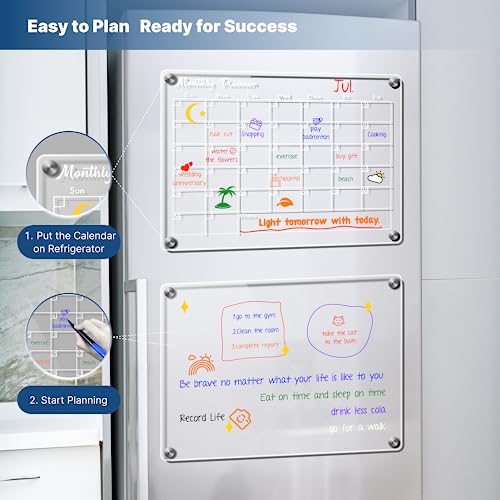 Acrylic Magnetic Calendar for Fridge and Wall, 16”x12” Monthly and Weekly Dry Erase Board with 8 Markers and Free Accessories (2 Pack)