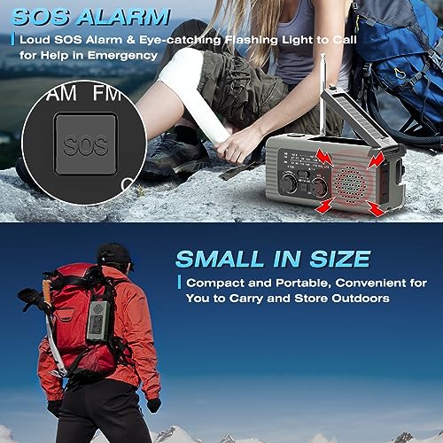 NITIGO Emergency Radio Hand Crank Radio USB Charged Portable Power Bank with Solar Charging, SOS Alarm, AM/FM/NOAA Rdios, 180° Rotate Reading Lamp, LED Flashlight for Camping, Home, Outdoor Emergency