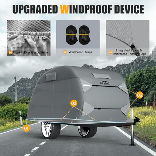 Teardrop Trailer Cover, 7 Layers Waterproof Camper Cover (Fits 5' - 8' Trailers), Tear-Resistant Travel Trailer Cover for Forest River R-Pod Trailers Clamshell Trailers