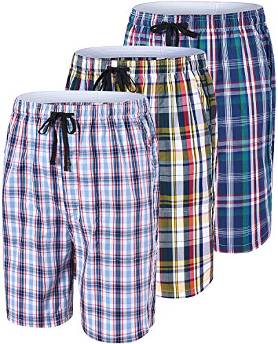 MoFiz Men's Plaid Pajama Shorts 3-Pack Cotton Sleep Lounge Shorts Soft Lightweight Pj Bottoms Christmas Night Home Shorts Long Woven Boxer Shorts S