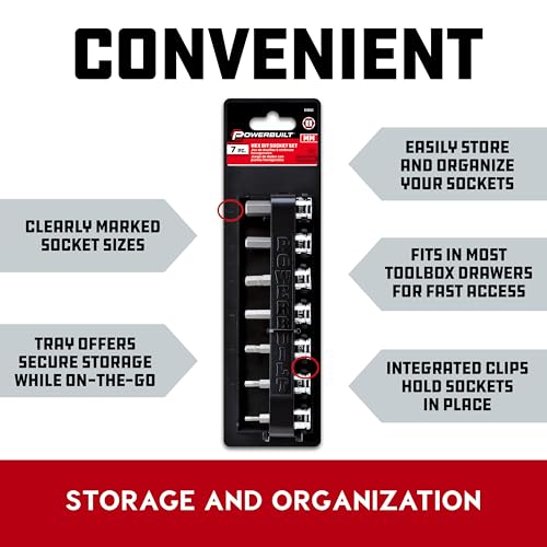Powerbuilt 7 Piece 3/8 Inch Drive Metric Hex Bit Socket Set, Includes 3mm-8mm and 10mm, Hangable Storage Tool Holder - 648663