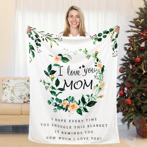 BESTSWEETIE Throw Blanket 60" x 50" for Mom Birthday, Soft Flower Pattern I Love You Mom Blanket from Daughters, Blue
