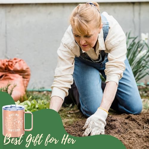 Onebttl Gardening Gifts for Women, Plant Lover Gifts for Gardening Lovers, Gardeners, Wife, Mom, 12oz Stainless Steel Coffee Mug Rosegold - Hoeing Ain't Easy