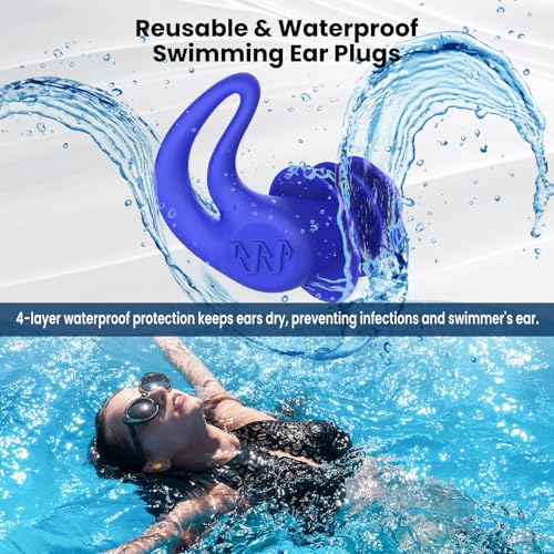 Waterproof Swimming Ear Plugs for Adults - 4 Pairs Reusable Silicone Swimming Ear Plugs for Women & Men, Keep Ear Water Out, Ear Plugs for Swimming, Showering, Bathing, Surfing, Water Sports