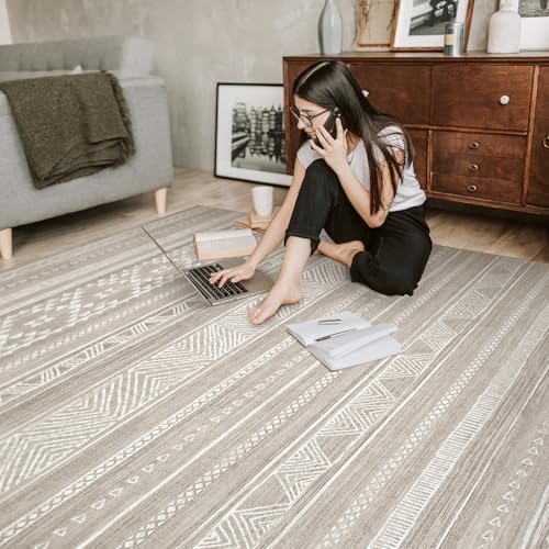 DMOYEST 3x5 Area Rug Living Room Rugs - Washable Large Soft Boho Neutral Geometric Moroccan Modern Rug for Bedroom Dining Room Home Office Non Slip Low Pile Farmhouse Carpet Indoor - Brown