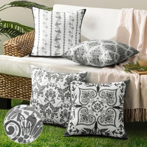 Phantoscope Pack of 4 Outdoor Pillows Waterproof Boho Geometric Outdoor Throw Pillow Covers, Decorative Floral Patio Pillows Square Cushion Case for Couch Tent Sunbrella, Black/White, 18x18 Inches