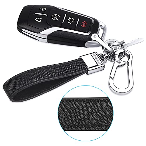 QBUC Genuine Leather Car Keychain,Universal Heavy Duty Metal Key Chain Accessories,Car Fob Key Keychain Holder with 360 Degree Rotatable Snap Swivel and Anti-Lost D-Ring for Men Women(Black)