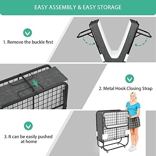 Foxemart Folding Bed with Mattress 75 x 38“ Rollaway Bed Extra Guest Bed with 5 Inch Comfortable Memory Foam Mattress and Super Sturdy Bed Frame with Wheel, Easy to Assemble, Twin Size