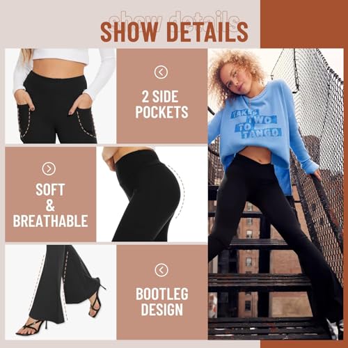 TNNZEET Women’s Flare Yoga Pants with Pockets, High Waisted Workout Black Bootcut Leggings