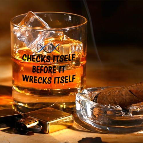 RZHV Checks Itself Before It Wrecks Itself Old Fashioned Whiskey Glass, Funny Father's Day Birthday Gift for Men Husband Dad Uncle Coworkers DNA Biology Genetics Teacher Science Geek Geneticist