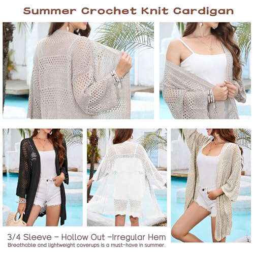 Famulily Womens Crochet Knit Cardigan Hollow Out Open Front Cover Ups Tops Summer Cardigan Beige S