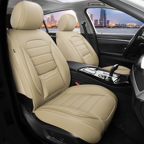 COVER EMPIRE Car Seat Covers Front Seats, Universal Leather Seat Covers for Cars, Waterproof Automotive Seat Covers for Trucks SUVs Sedans, Full Coverage Vehicle Seat Covers with Lumbar Support, Beige