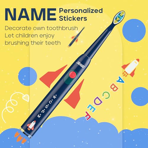 SEAGO Kids Electric Toothbrush, Rechargeable Sonic Soft Bristle Toothbrushes with 8 Brush Heads, DIY Stickers and 5 Modes, Ideal for Kids and Children, Ages 3–12(Navy)