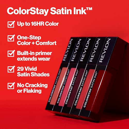 REVLON ColorStay Satin Ink Crown Jewels Liquid Lipstick, Longlasting & Waterproof Lipcolor, Moisturizing Creamy Formula Infused with Black Currant Seed Oil, 035 Reigning Red, 0.17 fl oz.