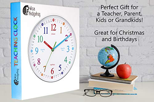 WISE HEDGEHOG Learning Clock for Kids, Silent Non Ticking, Telling Time Teaching Clock, Kids Room Wall Decor for Bedrooms, Analog Kids Clock for Teaching Time, Kids Learn to Tell Time Easily