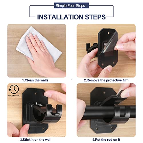 8PCS Upgraded No Drill Curtain Rod Brackets No Drilling Self Adhesive Curtain Rod Holder Hooks Nail Free Adjustable Curtain Rod Hook Curtain Hangers for Bathroom Kitchen Home Bathroom and Hotel(Black)