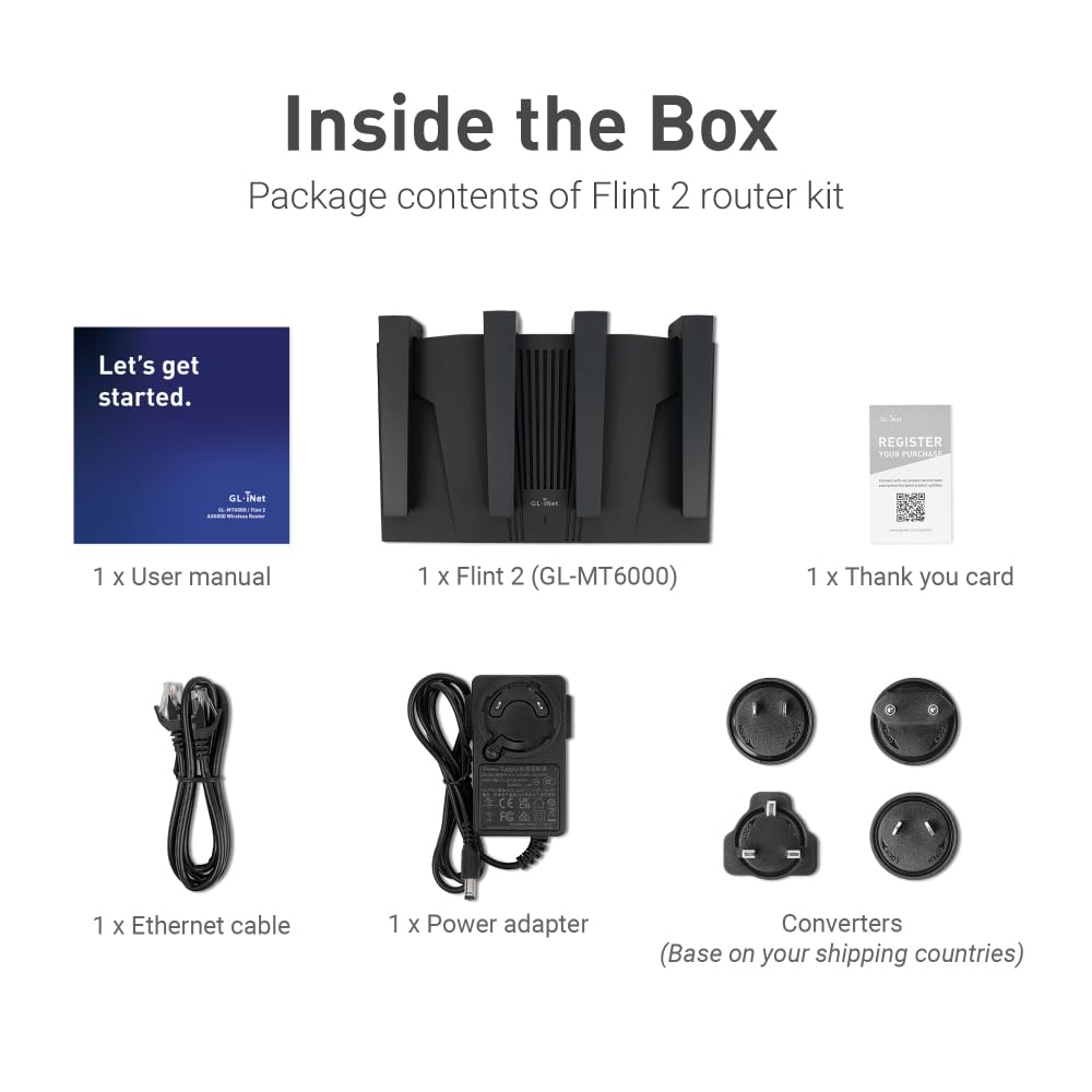 GL.iNet GL-MT6000(Flint 2) WiFi 6 Router | Gaming WiFi Router | 2 x 2.5G Multi-Gig Port+4 x 1G Ethernet Ports | Mass Device Connectivity | Rapid OpenVpn & WireGuard | 802.11ax | Long Range Coverage