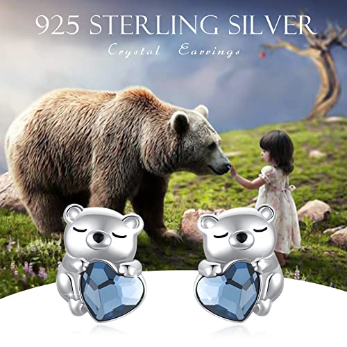 Bear Earrings 925 Sterling Silver Blue Heart Crystal Bear Studs Tiny Little Bear Polar Earrings Bear Jewelry Gifts for Women Bear Polar Lover Mother's Day