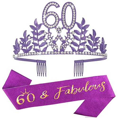 CIEHER 60th Birthday Sash and Tiara Set - Purple Decorations, Women's Crown, and '60 and Fabulous' Sash Gift