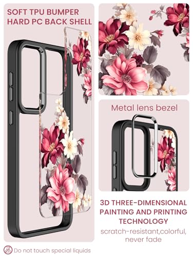 Dretal for Samsung Galaxy S23 Plus Floral Case, Military Grade Drop Tested Hard Back & Soft Edge Slim Flower Women Girls Phone Protective Cover with Tempered Glass Screen Protector (Black, JD)