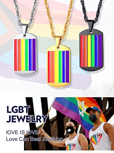 Bandmax Black Rainbow Stripes Necklace for Men Women Personalized Text Engraved Double Tag Pendant with Rainbow Flag Stripes Custom Gay Necklace for Him Her