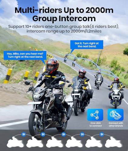 Motorcycle Helmet Bluetooth Headset ,2000M 10 Riders Noise Cancellation Intercom Communication System, Multitasking Audio Hands-Free Speakers, Helmet Radio, Stereo Music Motorcycle Accessories, 2 Pack