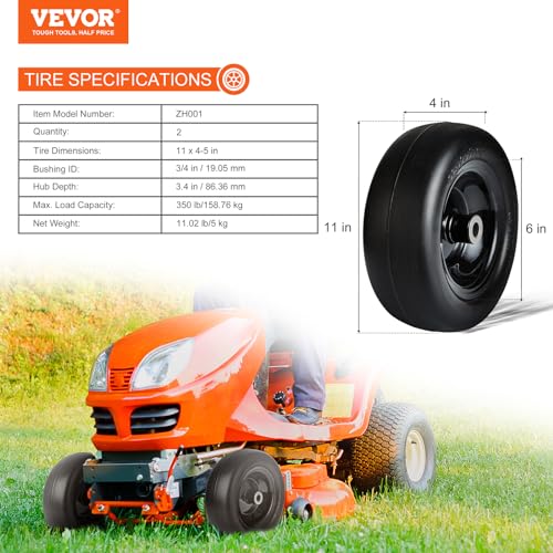 VEVOR Lawn Mower Tires with Rim, 11x4-5" Tubeless Tractor Tires, 2-Pack Tire and Wheel Assemby, Flat-free PU Tire, 3.4" Centered Hub, 3/4" Bushing Size, 20 PCS Adapters for Riding Mowers Lawn Tractors