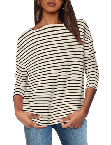 OFEEFAN Long Sleeve Shirts for Women 2024 Boat Neck Striped Shirt Womens Long Sleeve Tops Loose Womens Tunic Tops Apricot Green Stripe L