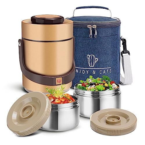 Pawovdeq 51 oz Adults Stainless Steel Vacuum Insulated Wide Mouth Soup Food Thermos Hot Food Jar with Keep Thermal Portable 2 Tier Stackable Bento Hot Food Containers Lunch Boxes (51 oz Gold)