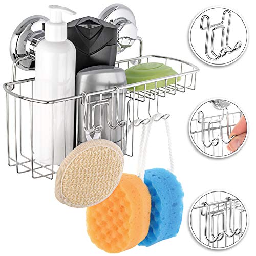 HASKO Suction Cup Shower Caddy Basket for Shampoo, Shower Suction Shelf Organizer, Basket with Soap Holder and Hooks, Stainless Steel Shampoo Holder for Bathroom Storage (Chrome)