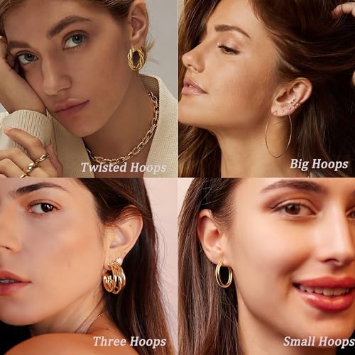 46 Pairs Gold Hoop Earrings Set for Women, Fashion Hypoallergenic Chunky Twisted Pearl Stud Earrings Multipack, Small Big Hoops Earring Packs Trendy for Christmas Birthday Party Jewelry Gift