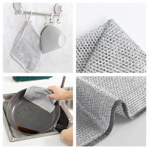 neogor Non-Scratch Wire Cleaning Dishwash Dishcloth, Kitchen Washcloths for Washing Dishes, Multipurpose Wire Dishwashing Rag for Wet and Dry(10PCS)(Double Layer), Silver