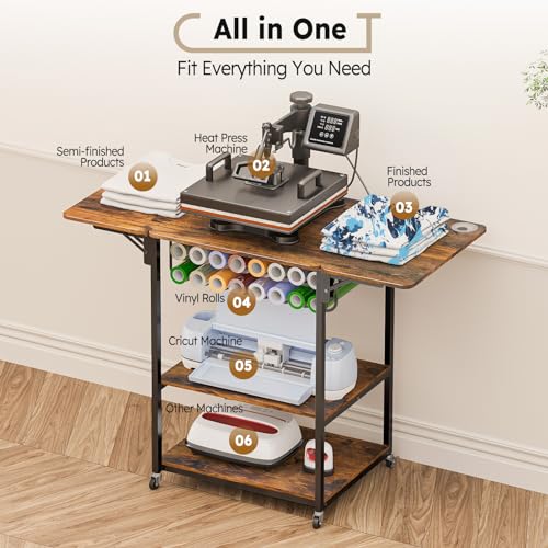 𝐂𝐫𝐚𝐟𝐢𝐭 3 Tier Movable Heat Press Table, Foldable Heat Transfer Machine Stand with Vinyl Roll Holder, Heavy Duty Rolling Metal Workbench for DIY Sublimation Transfer Machine and Printer