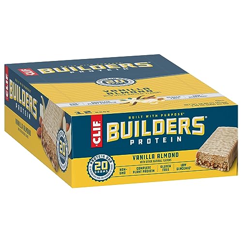 CLIF Builders - Vanilla Almond Flavor - Plant Based Protein Bars - Gluten Free - Non-GMO - Low Glycemic - 20g Protein - 2.4 oz. (12 Count)