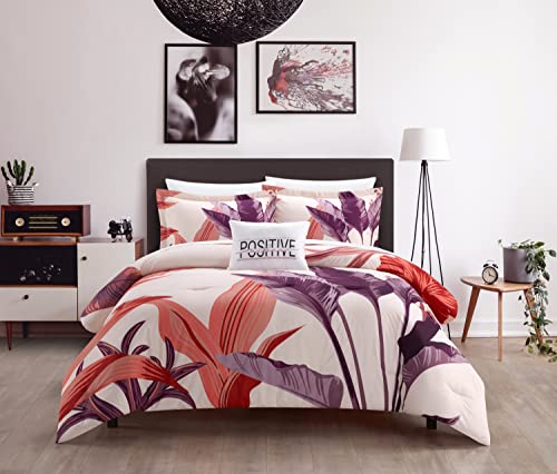 New York & Company Jezebel 4 Piece Comforter Set Contemporary Large Scale Floral Print Design Bedding - Decorative Pillow Shams Included, Queen, Multi: Blush, Purple, Off White