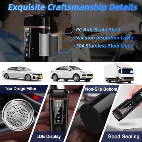 Car Electric Kettle: 12V/24V Portable Water Boiler Heated Travel Mug,Multiple Temperature Adjustable Coffee Tea Truck Cup with 304 Stainless Steel Dry Burn Protection & Handy Cup Bag