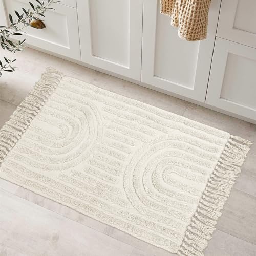 Lanffia Boho Bathroom Rug 2' x 3', Washable Small Front Entryway Rugs, Beige Hand-Woven Tufted Cotton Rainbow Rug with Tassels Farmhouse Kitchen Carpet for Foyer Bedroom Back Door Decor