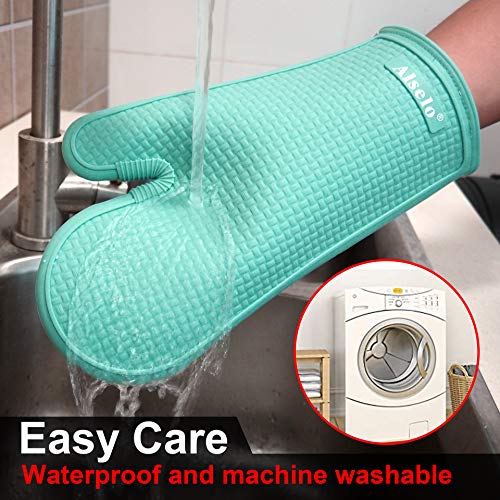 Alselo Oven Mitts Heat Resistant Silicone Kitchen Gloves for 550 Degrees with Waterproof and Non-Silp, Set of 2 Oven Gloves for Baking Cooking Barbecue Microwave Machine Washable (Blue, 2)