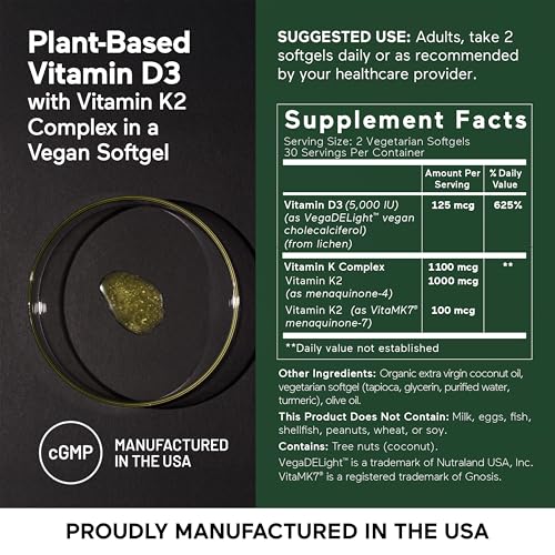 SMARTERNUTRITION Vegan Vitamin D3 5000 IU + Natural Vitamin K2 1100 mcg in Organic Coconut & Olive Oil - D3 K2 Supplement for Immune & Bone Support - 60 Softgels[30 Day Supply]