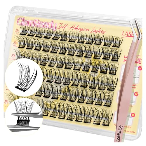 LASHVIEW Self Adhesive Lash Clusters Eyelashes,Press-on Lashes 10-16mm Individual Lash Extension Kit with Lash Tweezers,No Glue Needed Natural Self Adhesive DIY Eyelash Extension Kit 60pcs (A01)