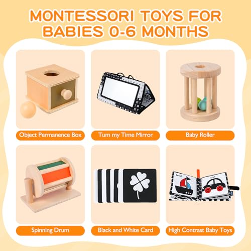 Early Learning Toy for 0-6 Months, Montessori Baby Toys 6 in 1 Learning Educational Set - Object Permanence Box, Baby Roller, Spinning Drum, Black and White High Contrast Baby Toys, Tummy Time Mirror