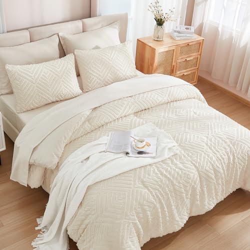 Andency Bed in a Bag Queen Beige- 7 Pieces Queen Comforter Set Beddding Comforter Sets, Tufted Lightweight Fluffy Bed Set with Comforter, Sheets, Pillowcases & Shams for All Season