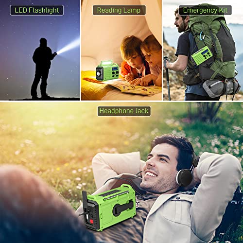 NOAA Emergency Weather Radio,5000mAh Weather Alert Radio,Solar Charging,Hand Crank & USB Charged,Portable AM/FM/SW Radio with Best Reception,Flashlight,Reading Lamp,SOS Alarm,for Home Outdoor(Green)