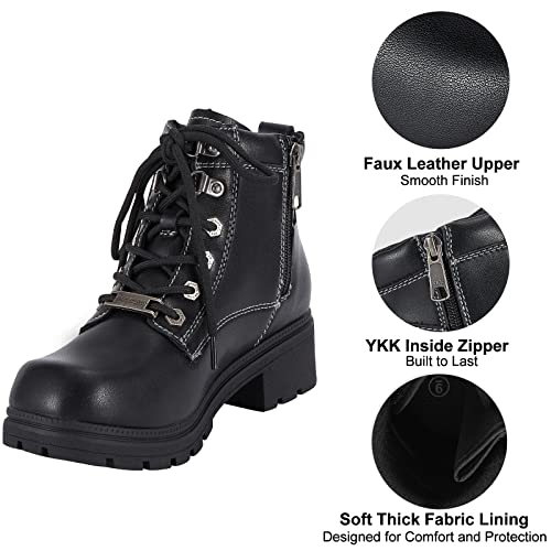 Dream Apparel Womens Lace Up Motorcycle Riding Boots with Side Zipper, Black Faux Leather Ankle Booties Biker Boots, Military Combat Booties for Ladies with Low Heel, 11
