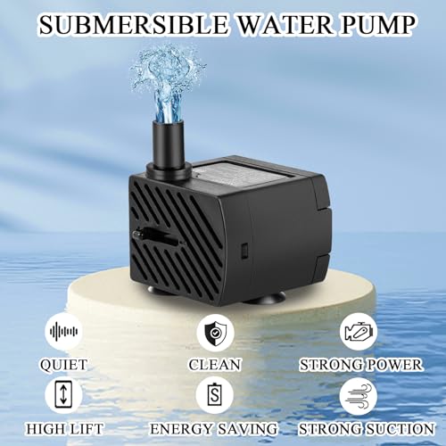 pamaner Submersible Pump, Small Fountain Pump with Tubing, Submersible Water Pump for Aquarium Fish Tank Indoor or Outdoor Pond Fountain Hydroponics Statuary (3W 50GPH, No Led Light)