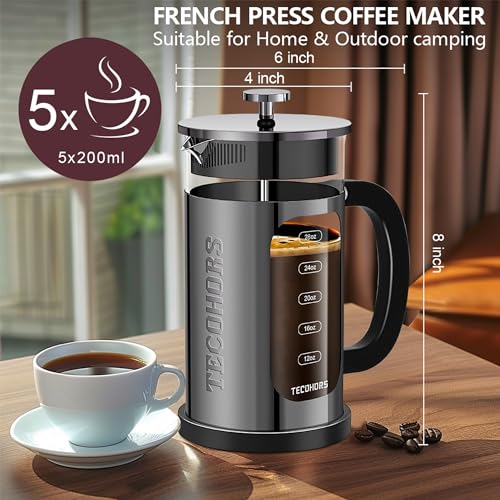 TECOHORS French Press Coffee Maker 34oz / 1 Quart 304 Stainless Steel Coffee Press,with 4 Filters System, Heat Resistant Thickness Borosilicate Glass, Brewed Coffee Pot (Bright Black)